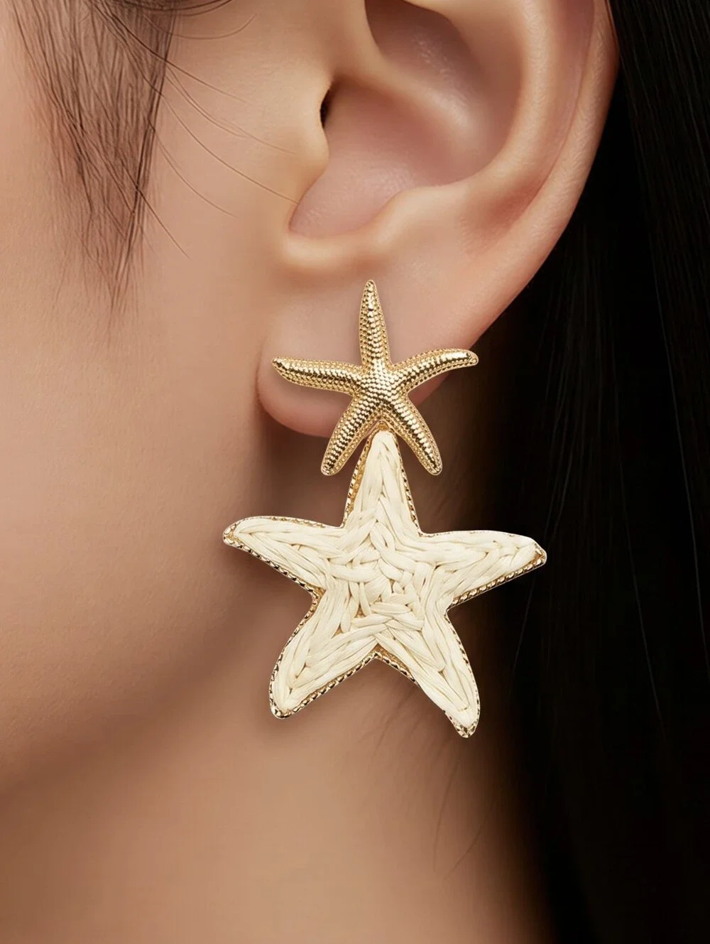 Raffia Starfish Earrings – Gold Woven Beach Statement Studs Coastal Dangles